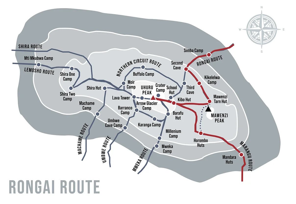 Rongai Route Map - Detailed trail map showing the northern approach to Kilimanjaro summit